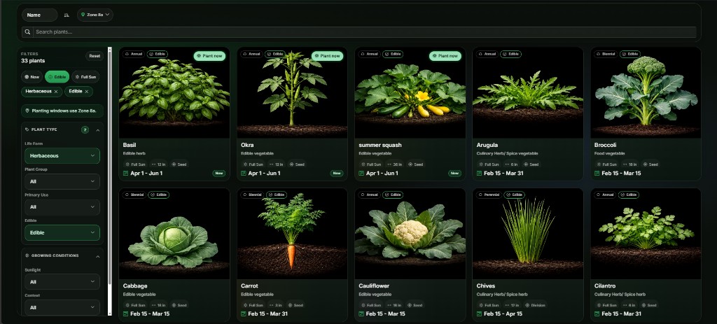 GrowSomeFood plant browser filtered to Zone 8a showing 33 plants including Basil, Okra, Summer Squash, Arugula, Broccoli, Cabbage, Carrot, Cauliflower, Chives, and Cilantro with planting windows.