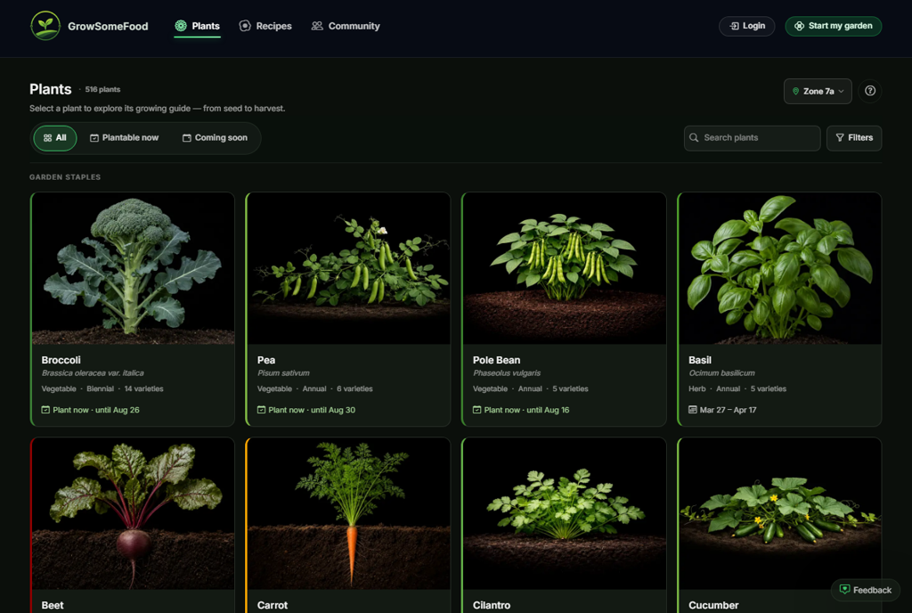 The plant library filtered to one USDA zone, with live planting windows on every card.