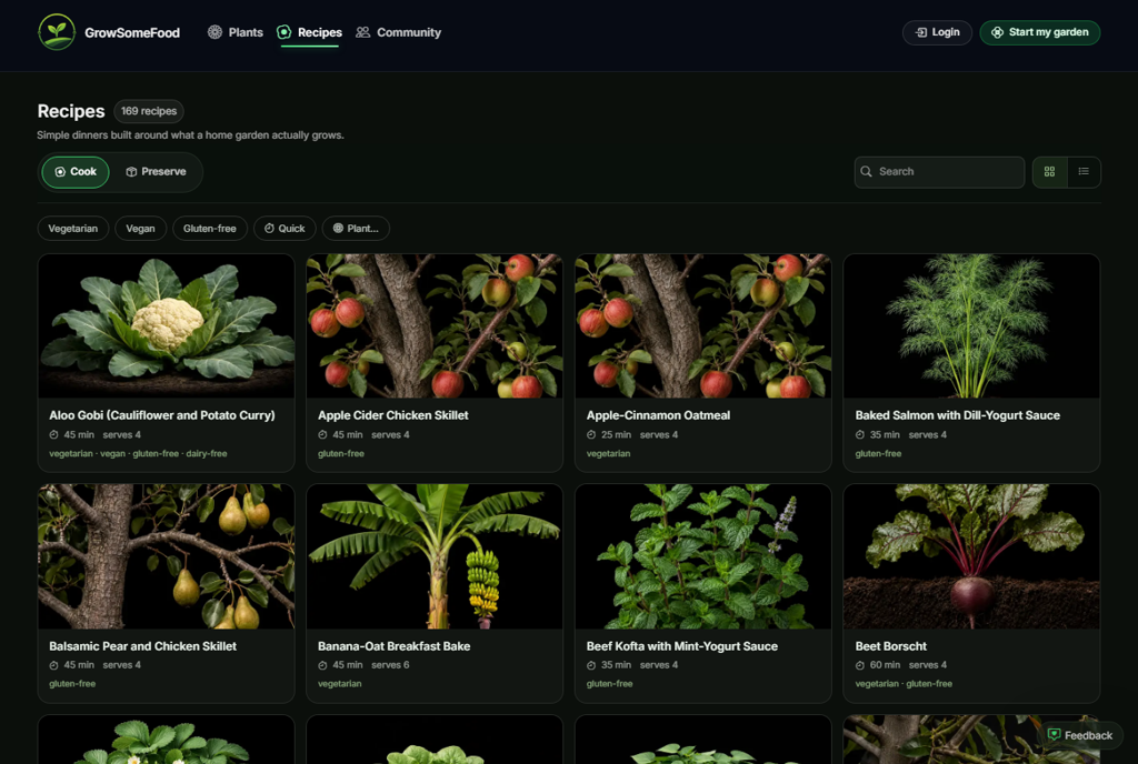 The recipes page: simple dinners built around what a home garden grows, with dietary filters.